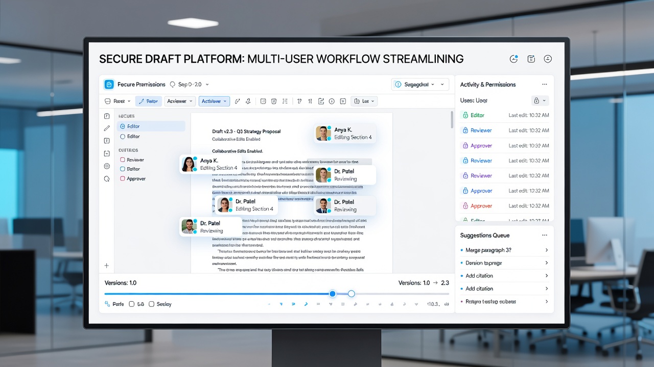 Team members collaborating on a secure document platform with highlighted compliance checks and version history panels visible